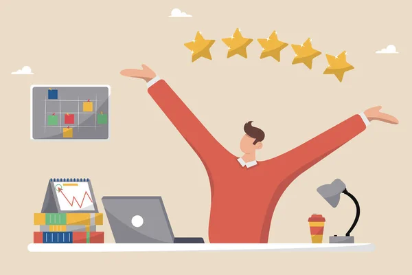 客户对满意度进行评价 并留下积极反馈 客户服务的概念和用户体验 被评为五星级 经理坐在办公桌前接受反馈意见 — 图库矢量图片