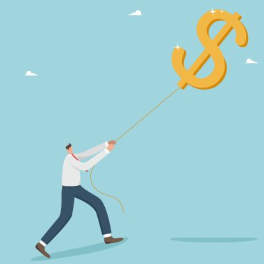 Achieving financial goals or an investor in search of profit and return on investment, a successful businessman pulling a dollar balloon. Opportunity to receive a large salary, income or profit.