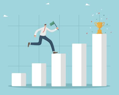 Business winner, achieving a career goal and success, winning a prize or bonus, fulfilling a challenge or mission, the man runs up the bar graph like a ladder of success with a flag to the finale.