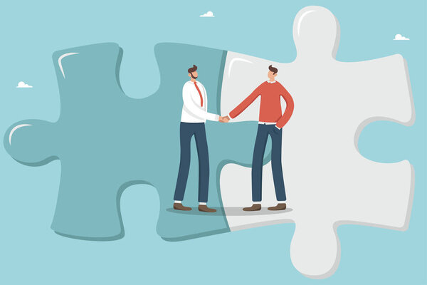 Collaboration, cooperation or partnership and agreement to help business success, business merger or acquisition, end of negotiations, success, businessmen complete a deal and shake hands in a puzzle.