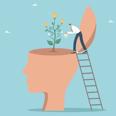 Personal growth or development of intellectual potential, grow a genius in yourself, creative thinking and intuition for business development and problem solving, man watering a tree with light bulbs.