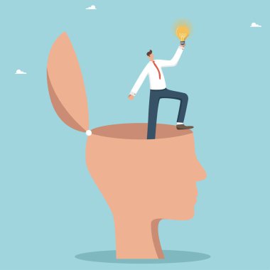 Brilliant thoughts in a smart head, develop a plan to overcome difficulties, find the right long-term strategy for the development of a new business, a man found an idea light bulb in a big human head clipart