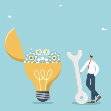 Yeni fırsatlar için çabalamak, yeni bir fikir ya da yenilik, yaratıcılık ve zeka yaratmak için anahtar bulmak iş problemlerini çözmek için. Vitesli bir ampulün yanında İngiliz anahtarı olan bir iş adamı..