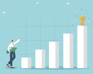 İş kazanma stratejisi, kariyer hedefine ve başarıya ulaşmanın yolları, finalde ödül ya da ödül bekliyor, adam bir bar grafiğinin yanında duruyor, yönlü oku olan bir başarı merdiveni gibi..