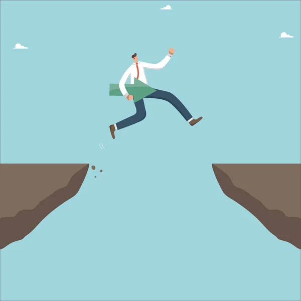 目標を達成するための戦略や方法を見つける キャリアの成長 困難を克服するためのビジネス計画 成功する創造的な動機 彼の手に方向矢印を持つ男は崖からジャンプしています — ストックベクタ