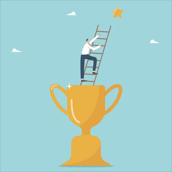 ビジネスの勝利と勝利 最大の成功またはキャリアの成長を達成し 仕事と革新のための賞または賞を受賞し 人は勝者のカップからはしごを登り 星を指しています — ストックベクタ