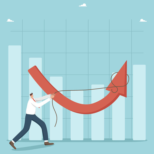 Increasing the economic level, business recovery after the crisis, financial growth, increasing the value of investments, a strategy to improve the condition, a man raises an arrow up with a rope.