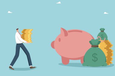 Finansal yükümlülükler, kredi veya ipotek faiz oranının aylık ödemesi, borç para alma kavramı, yatırımlardan kâr etme, bir adam bir yığın madeni parayı bir domuz bankasına taşır..