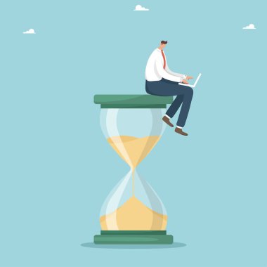 Çalışma saati başına çalışan çıktısı, projenin tamamlanması, iş ve iş takvimi planlaması, çoklu görev, zaman yönetimi için sınırlı süre, bilgisayarlı bir adam kum saati üzerinde oturuyor.