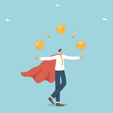 Kendi servetinizi yönetin, gelirinizi artırın, işletme büyümesi için yeni fırsatlar çekin, maaş zammı, yatırımlardan veya mevduatlardan kar, finansal büyüme, süper kahraman işadamı para jonglörlüğü.