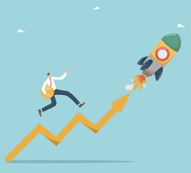 Finansal ve ekonomik büyüme, yatırım kârı ve borsada artış, büyüyen yeni bir işte başarı, maaşlarda artış, madeni parası olan adam roketin yükselttiği ok boyunca koşar..