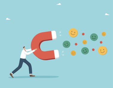 Ürünlerin ve hizmetlerin kalitesi hakkında olumlu geri bildirim, müşterilerden yüksek notlar, sonuçlar için çalışma, kendi notunuzu artırma, olumlu duyguları cezbetme, mıknatıs çeken bir adam gülümsemeleri çeker.