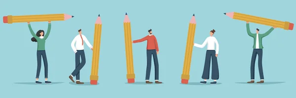 Rastgele insanların çizimleri. Karakterler ellerinde kocaman kalemler tutuyorlar. Kullanıcı deneyimi konsepti. Çizim, yazma, yaratma, tasarım, blog konsepti. Vektör illüstrasyonu.