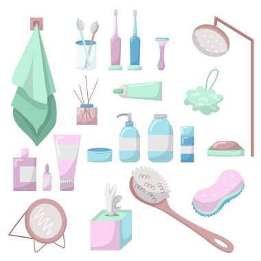 Banyo ve duş aksesuarları. Vücut kozmetiği düz vektör tarzında. Havlu, diş fırçası, jilet, duş, bez, sabun, duş jeli, şampuan, yüz kremi ve serum, parfüm ve daha fazlası..