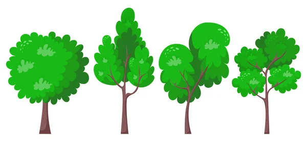 Set Green Trees Flat Vector Illustration Beautiful Green Leaves Isolated — Stock Vector