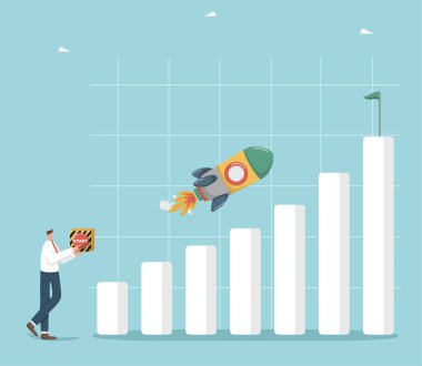 Finansal ve ekonomik büyüme, gelir ve kar büyümesi, maaş zammı, hızlı kariyer tırmanışı, ödül veya ikramiye kazanmak, iş adamı başlama düğmesine basıyor ve roket grafik büyümesini kaldırıyor.