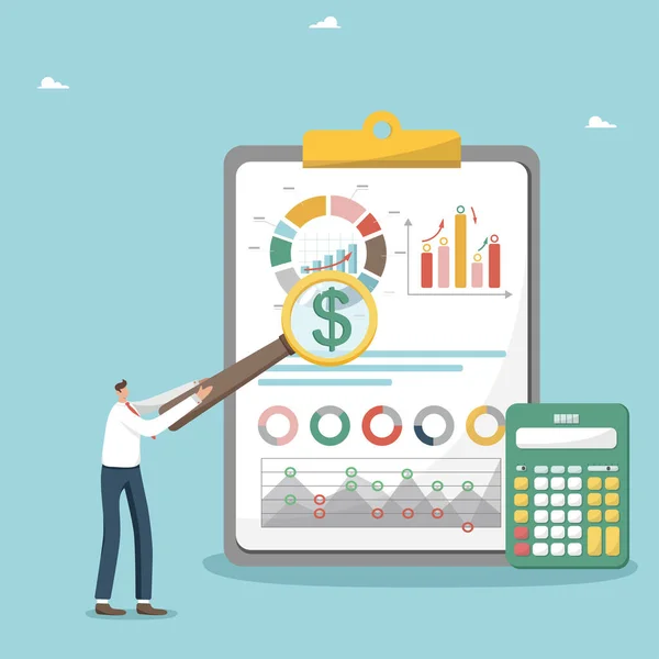 stock vector Estimating the cost of a project or estimate, calculating the budget, increasing the investment portfolio and savings, looking for new opportunities in making money, man analyzes income and expenses.