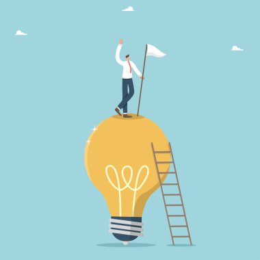 Amaçlara ulaşmak için yaratıcı düşünce ve beyin fırtınası, kazanç için yeni iş fikirleri, sorunları çözmek için yenilikçi fikirler, mantık ve zeka, insanoğlu ampulün üzerinde duran bir bayrak.