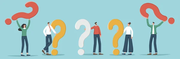 疑問符を持つランダムな人々のイラストのセット コンセプトの質問と回答 よくある質問 消費者市場と競合他社の分析 — ストックベクタ