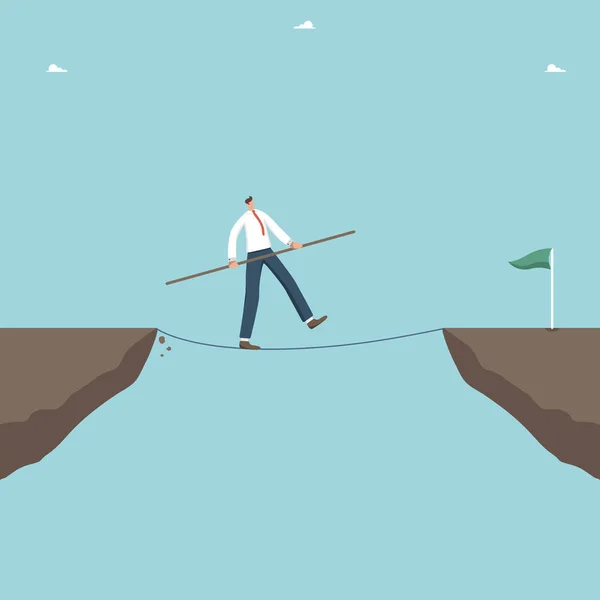 目標を達成し問題を解決するための方向性さらなるビジネス開発のための計画崖の上を綱渡りをする男 — ストックベクタ