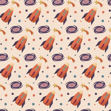 Takımyıldızları, kayan yıldızları, roketleri ve kara delikleri olan vektörsüz desen. Sıcak renklerde şirin bebek gökyüzü desenleri. Pastel duvar kağıdı, yinelenen arkaplan.