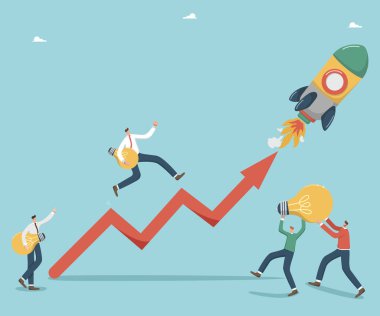 Yeni fırsatlar bulmak için yeniliklerin ve yaratıcı fikirlerin uygulanması, iş kurmak veya büyütmek, takım çalışması ve beyin fırtınası, roketin yanında ampulleri olan insanların ok çekmesi