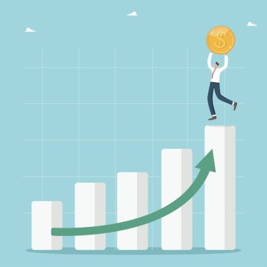 Finansal büyüme ve zenginleştirme, iş ve yatırım değeri artışı, gelir ve ücret artışı, ekonomik kalkınma, ekonomik ve piyasa istikrarı, grafiğin tepesinde madeni parayla mutlu bir adam.