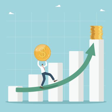 Finansal ve ekonomik büyüme ve zenginleşme, bir işletmenin ve yatırım portföyünün değerinin artması, gelir ve maaşların artması, insan büyüyen bir grafiğin oku boyunca bozuk para taşır.