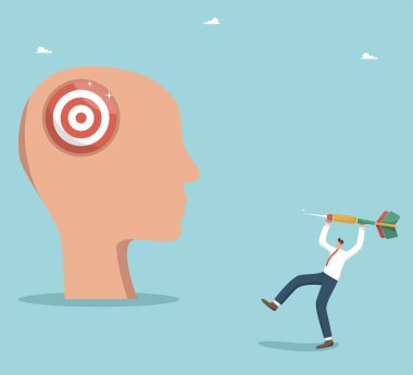 İş meselelerinin çözümünde başarı yolunda hedefler belirlemek ve gerçekleştirmek, motivasyon ve kararlılık, planlama ve stratejiler, yüksek sonuçlar için yeni fırsatlar, insanlar hedefin kafasına dart fırlatıyor.