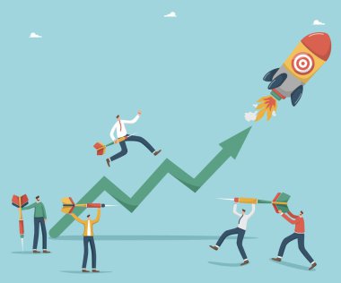 Takım çalışması ya da beyin fırtınası, plan geliştirmede kazanma stratejisi ya da hassasiyeti, takım motivasyonu ve performansı, dart tahtası ile fırlatılan roketin yanındaki adamlar yoluyla iş hedeflerine ulaşmak