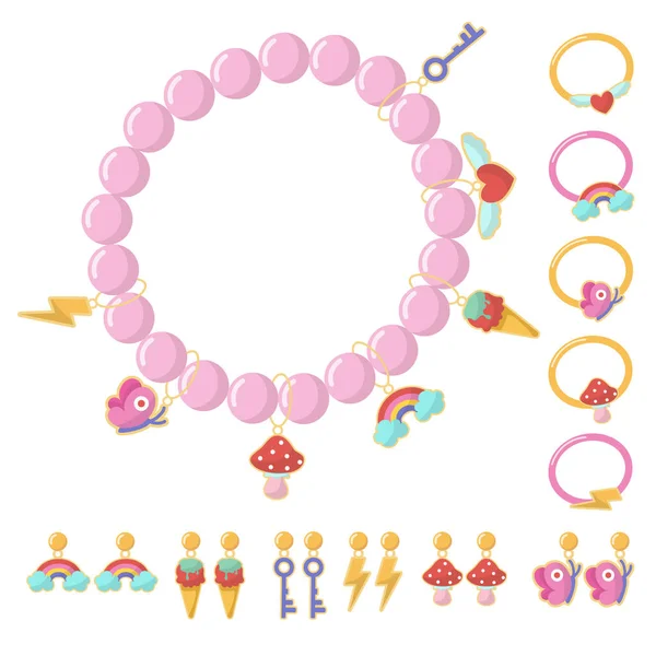 Collection Bijoux Ornements Pour Enfants Bracelet Perles Plastique Faites Main — Image vectorielle