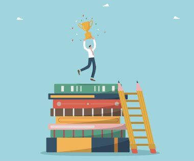 Çalışmada ya da öğrenimde yükselmek için yeni bilgi ve bilgelik, ileri eğitim kursları, yeni zaferler için zeka ya da mantık geliştirme, edebiyat ya da kitap okuma, kitaplarda kupa kazanan adam.