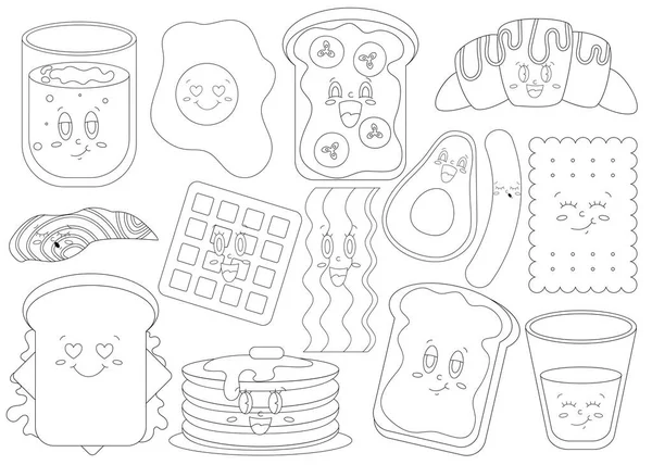Χρωματισμός Σελίδα Funky Χαρακτήρες Τροφίμων Για Πρωινό Κρουασάν Γαλλικό Τοστ — Διανυσματικό Αρχείο