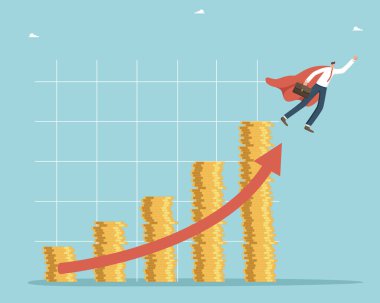 Gelir ve maaşları artırmak, finansal büyüme, ekonomiyi iyileştirmek, yatırım portföyünün karlılığı, işi yeni bir seviyeye çıkarmak, insan bir yığın madeni paranın arasından yukarı doğru uçar..