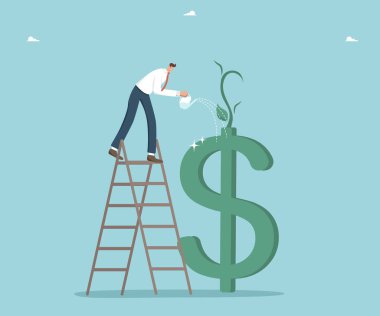 Dolar ikonu mali ve ekonomik gelişme üzerine filizi sulayan adam, döviz değerlerinde artış, gelir ve maaşlarda büyüme, yatırım ve yenilikten elde edilen kârda artış, dolar ikonundaki filizi sulayan adam,