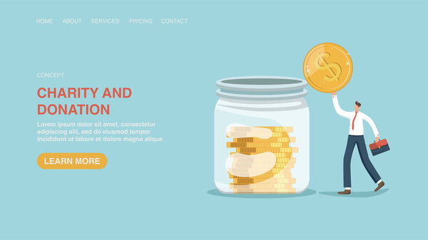 Donation and charity concept. Helping those in need and financing social organizations. Web banner, infographic, web page. A man throws a coin into a jar of coins.