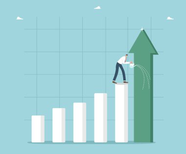 Hedeflere ulaşmak için iş stratejileri, yüksek sonuçlar için motivasyon, kariyer büyüme ve kalkınma umutları, büyüyen ok biçiminde insan suları grafik sütunu merdiveni, planlama ve analiz