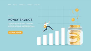 Poster, web sitesi ya da web sayfası için vektör illüstrasyonu, adamla pankart büyüyen takvimle bozuk para kavanozuna gidiyor. Para tasarrufu, mali ve ekonomik büyüme, sermaye yatırımlarından kazanç