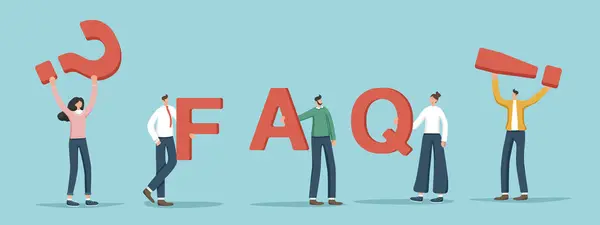 ビジネス上の問題 質問や回答 Faq よくある質問 思考プロセス 難しい状況のロジックを解決するためのブレインストーミング 人々は手紙Faqを手に持っています — ストックベクタ