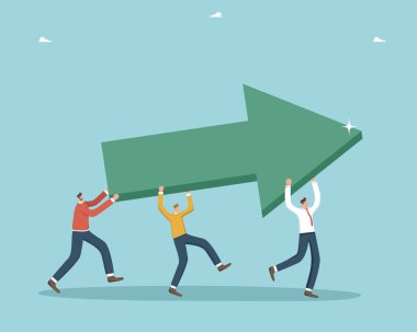 İş stratejilerinin hedeflerine ulaşmak için çalışma, planlama ve analizi, büyük başarı için motivasyon, iş geliştirme hızının hızla artması için işbirliği konularında takım çalışması, erkekler ok taşıyor.