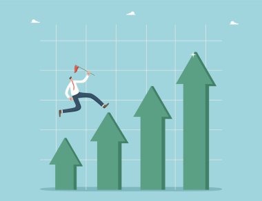 Hedeflere ulaşmak için iş stratejilerinin planlanması ve analizi, yüksek sonuçlar için motivasyon, kariyer büyümesi veya kalkınma umutları merdiveni, insan ok şeklinde grafik sütunları boyunca çalışır