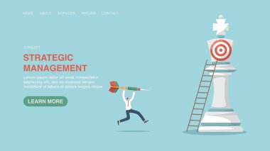 Hedefe ya da iş gelişimine ulaşmak için stratejik planlama, kariyer geliştirme yöntemleri, çok çalışarak yükselme. Web sitesi için vektör illüstrasyonu, stratejik yönetime sahip pankart.
