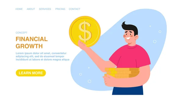 Vector Illustration Website Web Page Banner Man Holding Coins Investing — Stock Vector