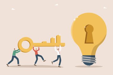 Zor durumlardan kurtulmanın yolunu bulmak için yineleyici düşünme, parlak fikirler üretmenin gizli anahtarı, takım çalışması, yenilikler ve geliştirme stratejisi yaratmak için beyin fırtınası, erkekler ampulün anahtarını taşırlar.