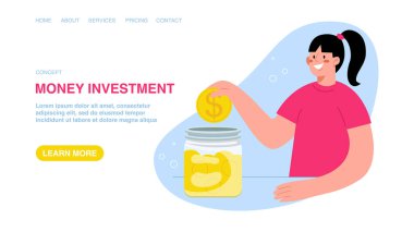 Kadının kavanoza para attığı web sitesi için vektör illüstrasyon. Gelir ve maaş artışı, iş ve yatırım portföyünün artan değeri, para yönetimi, mali ve ekonomik büyüme.