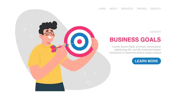 Vector Illustration Website Man Hold Board Darts Achieving Business Goal — Stock Vector
