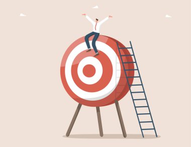 Yüksek sonuçlara ulaşmada, zekada veya motivasyonda büyük başarı, rakibi yenmede, iş bitirmede ödül almada, dart tahtasında oturan memnun adam.