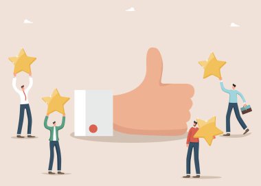 Müşteri geribildirim ürünü veya hizmet kalitesi, beş yıldız notu, olumlu hizmet geri bildirimi, kullanıcı deneyimi, değerlendirme sıralama konsepti, kullanıcı memnuniyeti, yıldızlı erkeklerin el altında baş parmak göstermesi