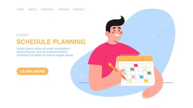 Zaman yönetimi, iş planlaması, takvim çizelgesi ve çalışma planı, bilgilendirme ve hatırlatmaya uyma. Web afişi, bilgi grafiği, takvim planlı web sayfası, adam işaretleri takvimi