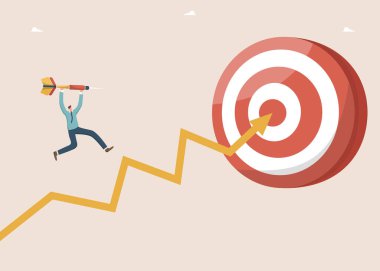 Sıkı çalışma, motivasyon ve başarı için kararlılık, iş ve kariyer büyümesinde mükemmele ulaşmak için yaratıcı stratejiler, dart okuyla dart tahtası boyunca koşan adam.